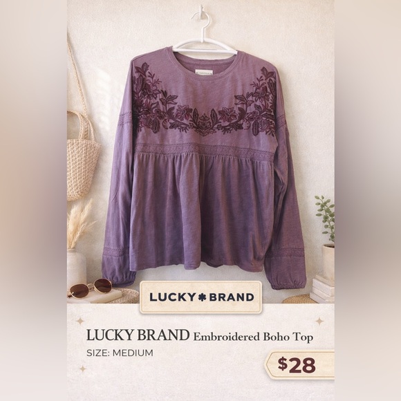 Lucky Brand Tops - Lucky Brand Embroidered Boho Top Purple Long Sleeve Size Medium